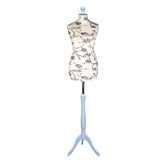 Mannequin torso with floral pattern on a light blue stand against a white background